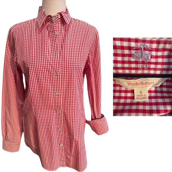 Brooks Brothers Red White Gingham Check Long Sleeve Button Down Shirt 6 EUC - Picture 1 of 10